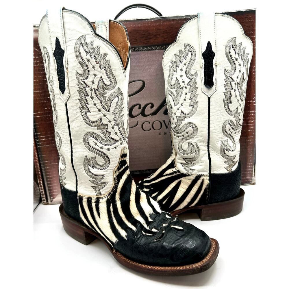 Lucchese custom western boot Black white zebra  calfskin, crocodile Square toe 7